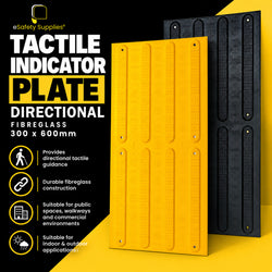 300mm x 600mm yellow fibreglass directional tactile ground surface indicator plate featuring raised parallel ribs for accessibility wayfinding.