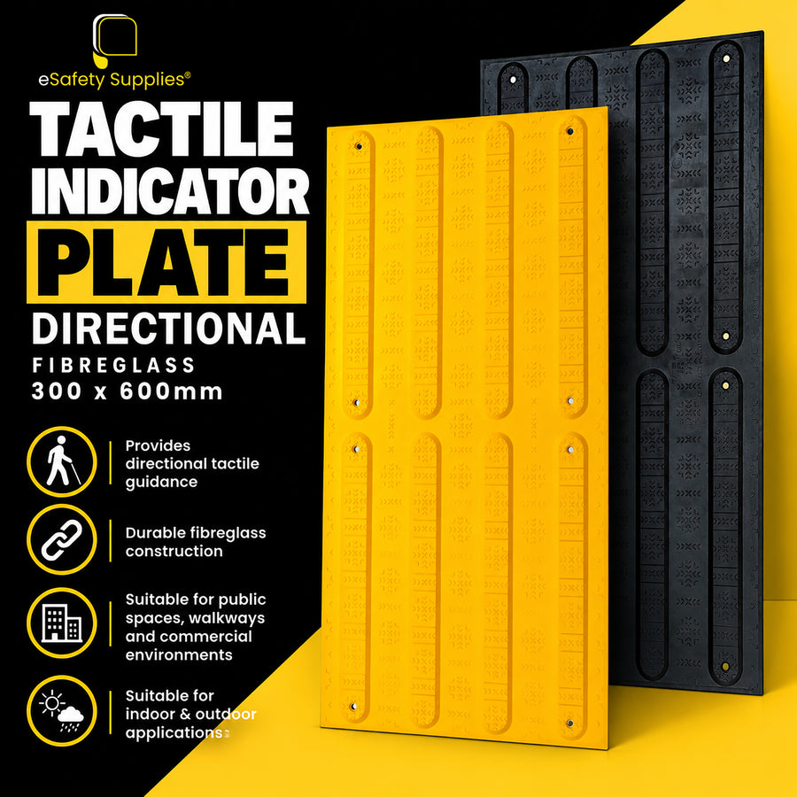 300mm x 600mm yellow fibreglass directional tactile ground surface indicator plate featuring raised parallel ribs for accessibility wayfinding.