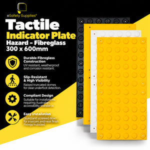 300mm x 600mm hazard fibreglass tactile indicator plate featuring raised truncated warning domes for vision-impaired safety.