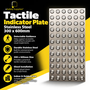 300mm x 600mm stainless steel tactile indicator plate featuring raised tactile studs for vision-impaired pedestrian guidance.
