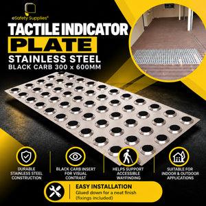 300mm x 600mm stainless steel tactile indicator plate featuring raised studs with black carb inserts for high-contrast visual and tactile guidance.