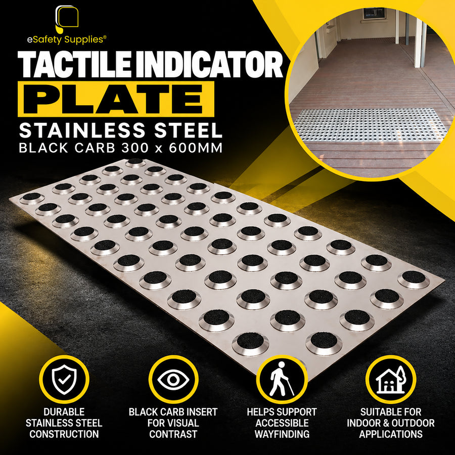 300mm x 600mm stainless steel tactile ground surface indicator plate featuring raised tactile studs with contrasting black carb inserts.