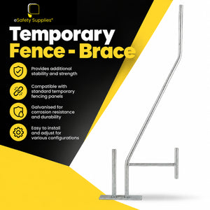 Hot-dip galvanised tubular steel temporary fencing brace with an angled support arm and ground attachment foot for wind load resistance.