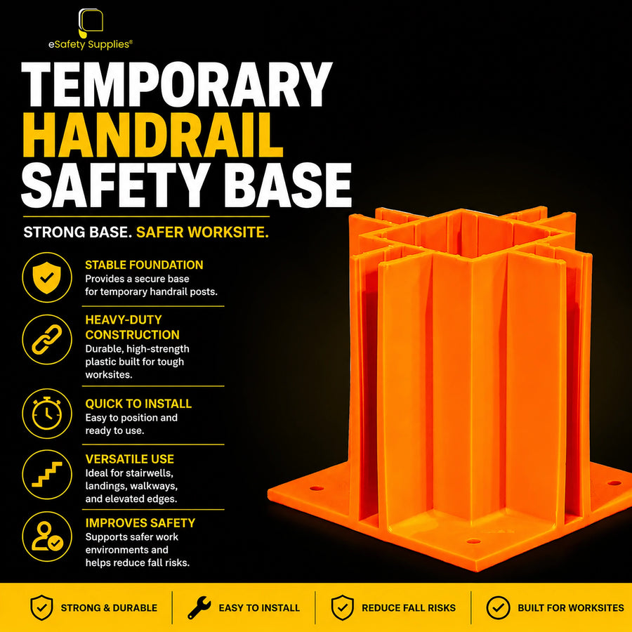 Heavy-duty yellow plastic temporary handrail safety base designed to securely hold edge protection posts on construction sites.