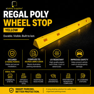 A high-visibility yellow UV-resistant plastic wheel stop with three mounting holes, designed to prevent vehicle overrun in parking bays.