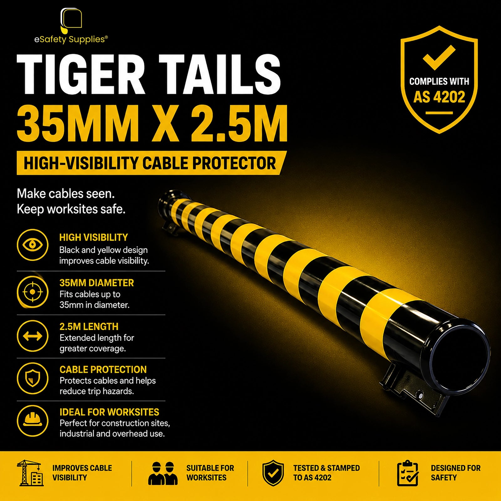 35mm x 2.5m black and yellow Tiger Tails cable protector.
