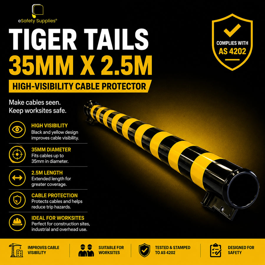 35mm x 2.5m black and yellow Tiger Tails cable protector.