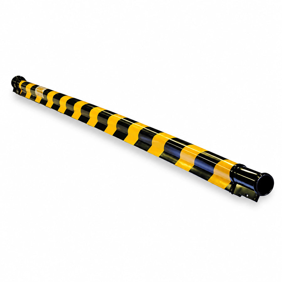 High-visibility black and yellow striped 35mm x 2.5m cable protection pipe stamped for AS-4202 compliance.