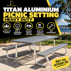 Heavy-duty aluminium park setting featuring an integrated table and twin bench seats for 8 people.