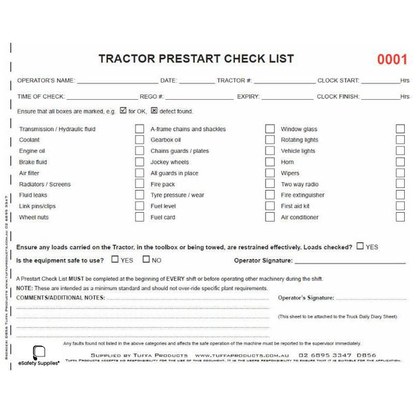Tractor Prestart Checklist Books