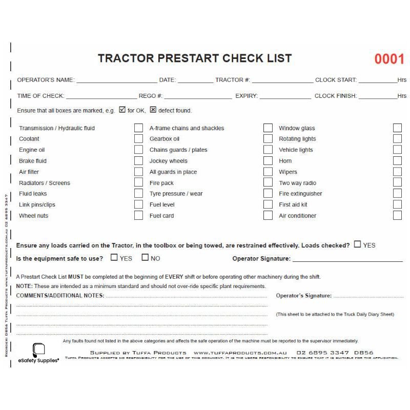 Tractor Prestart Checklist Books