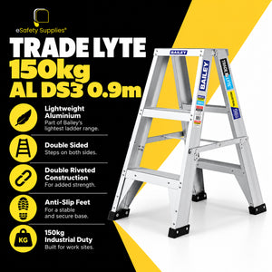 Compact 0.9m 3-step A-frame aluminium stepladder designed for two-person access or dual-sided climbing.