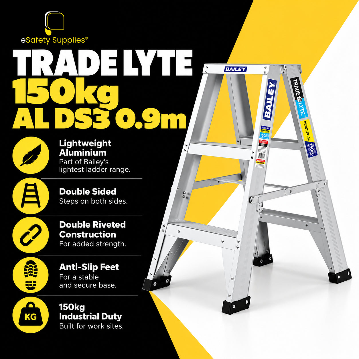 Compact 0.9m 3-step A-frame aluminium stepladder designed for two-person access or dual-sided climbing.