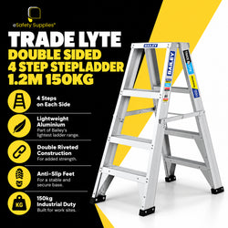 Industrial 150kg load-rated 4-step A-frame aluminium stepladder with dual-sided climbing rungs and anti-slip feet.