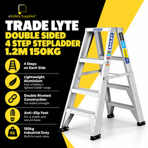 Industrial 150kg load-rated 4-step A-frame aluminium stepladder with dual-sided climbing rungs and anti-slip feet.