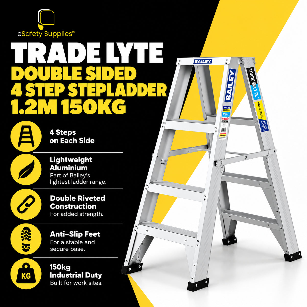 Industrial 150kg load-rated 4-step A-frame aluminium stepladder with dual-sided climbing rungs and anti-slip feet.