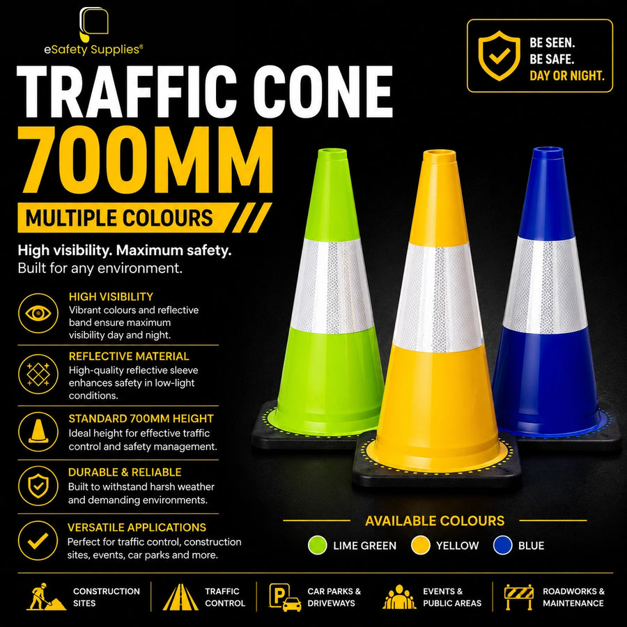 [700mm Yellow Reflective Traffic Cone], heavy-duty yellow safety cone featuring a high-visibility retroreflective collar.