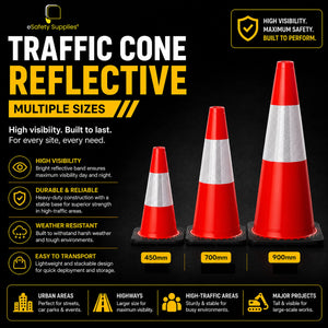 [Traffic Cone Reflective Safety Range], heavy-duty stackable safety cones featuring high-visibility retroreflective collars.