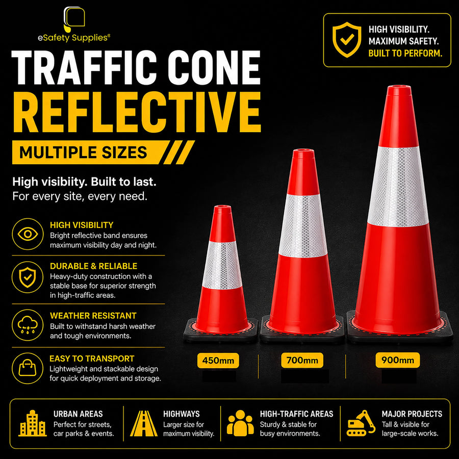 [Traffic Cone Reflective Safety Range], heavy-duty stackable safety cones featuring high-visibility retroreflective collars.