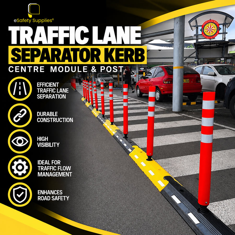 Heavy-duty modular traffic lane separator kerb with high-visibility yellow panels and reflective delineator posts for roadway safety.