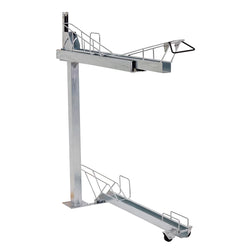 [Two Tier Bike Rack], high-density galvanized steel bicycle storage system with gas-assisted upper tier.