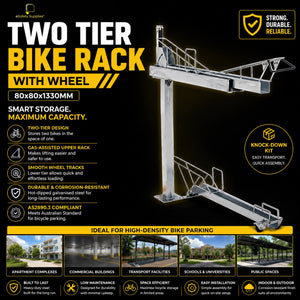 [Two Tier Bike Rack with Wheel Track System], hot-dipped galvanised double-height bicycle parking module for commercial end-of-trip spaces.