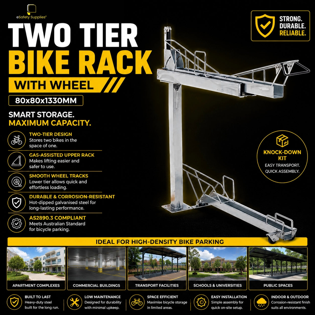 [Two Tier Bike Rack with Wheel Track System], hot-dipped galvanised double-height bicycle parking module for commercial end-of-trip spaces.