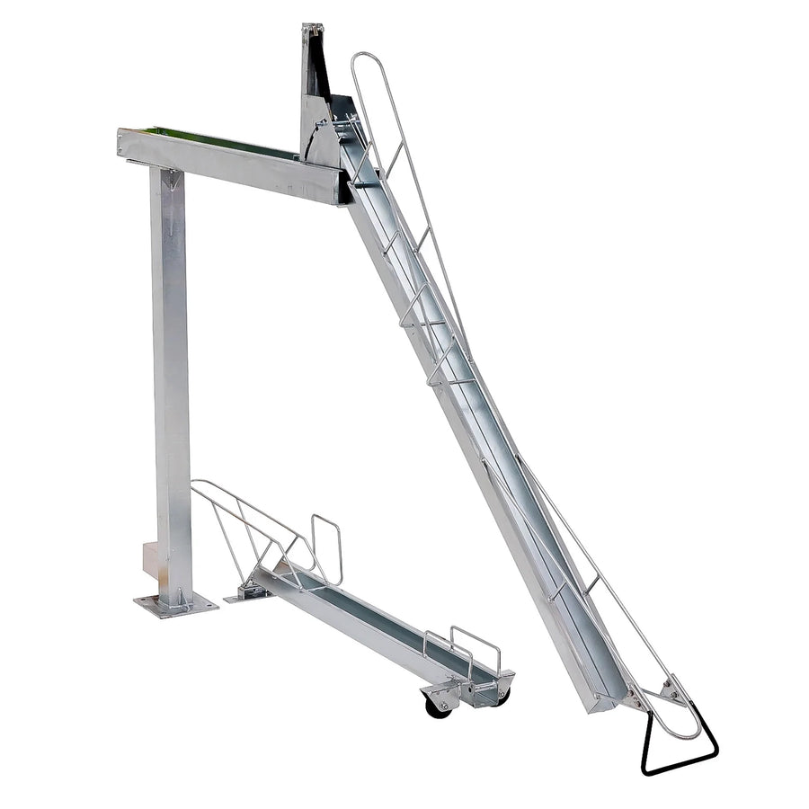 Close-up of the Gas-Assisted Upper Rack being lowered, showing the smooth gliding track for easy bicycle loading.