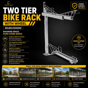 Close-up of the Gas-Assisted Upper Bike Rack Track being lowered, showing the smooth gliding mechanism and wheel channel.