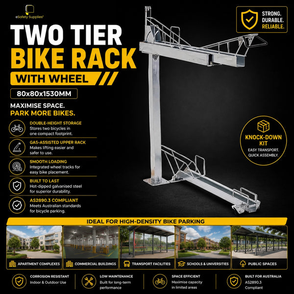 Close-up of the Gas-Assisted Upper Bike Rack Track being lowered, showing the smooth gliding mechanism and wheel channel.