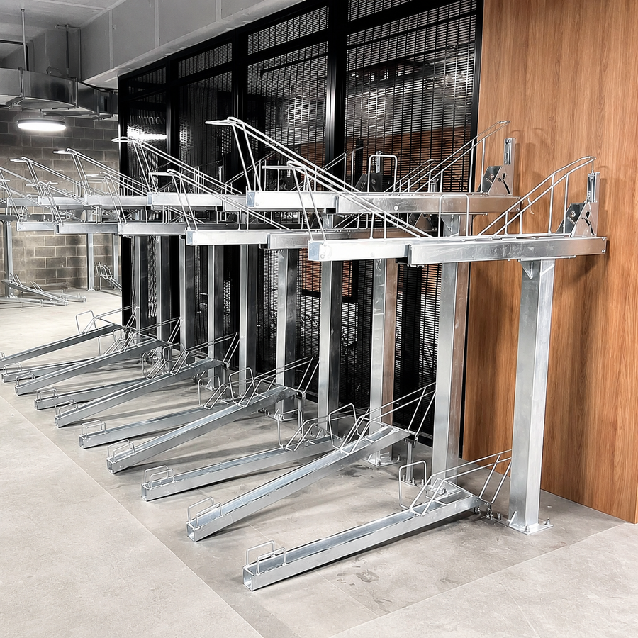 AS2890.3 Compliant Bike Rack installed in a modern end-of-trip facility, demonstrating the space-saving double-height configuration.