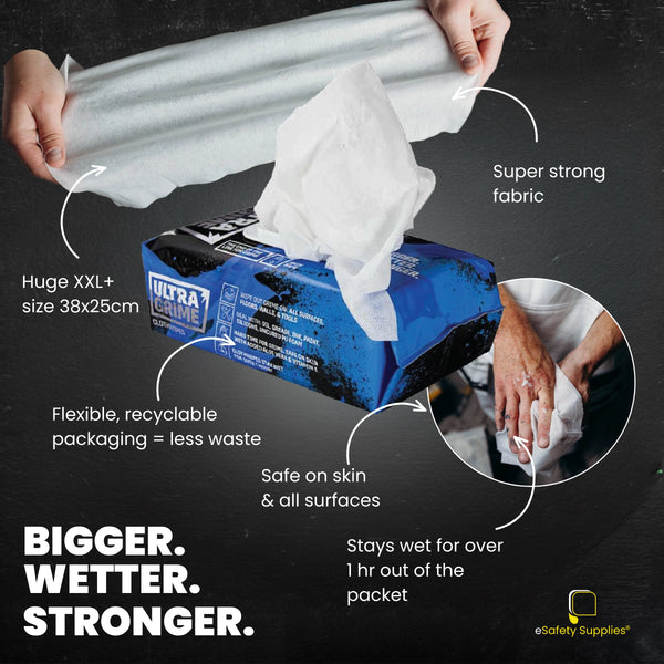 [UltraGrime Original Wipes Pack of 100], showing the heavy-duty extra-large cleaning wipes packaging for industrial use.