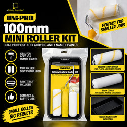 100mm dual-purpose mini roller kit including frame, tray, yellow-striped fabric roller, and foam roller for acrylic and enamel paints.