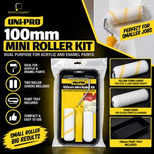 100mm dual-purpose mini roller kit including frame, tray, yellow-striped fabric roller, and foam roller for acrylic and enamel paints.