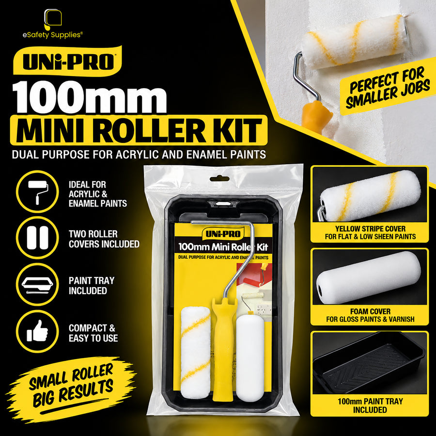 100mm dual-purpose mini roller kit including frame, tray, yellow-striped fabric roller, and foam roller for acrylic and enamel paints.