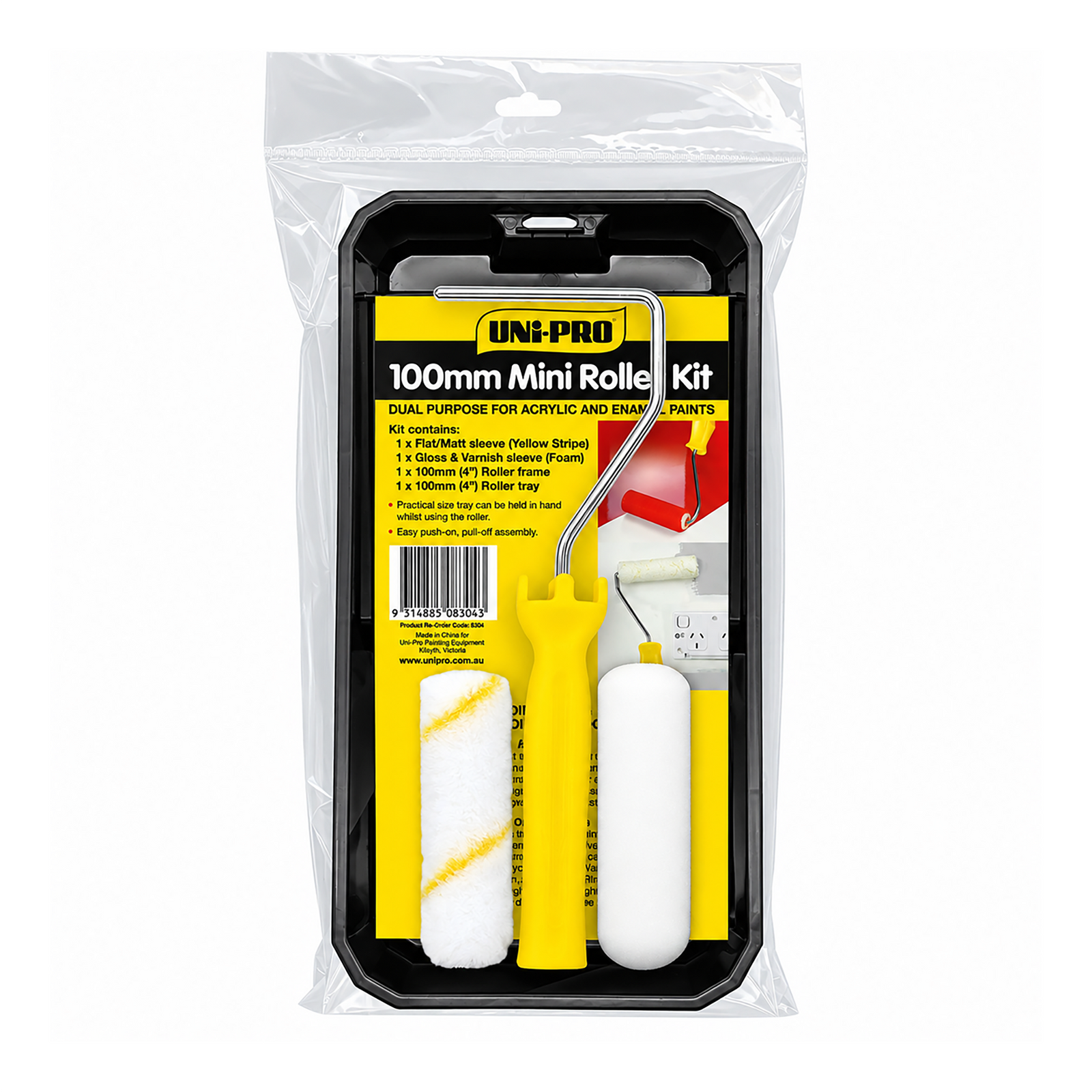 UNi-PRO 100mm mini paint roller kit with plastic paint tray, roller frame, 10mm fabric cover, and high-density foam cover.