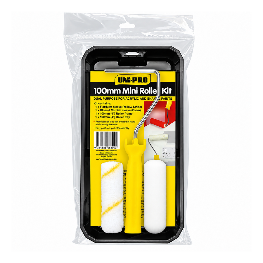 UNi-PRO 100mm mini paint roller kit with plastic paint tray, roller frame, 10mm fabric cover, and high-density foam cover.