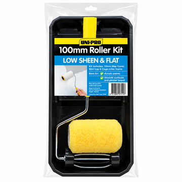 UNi-PRO 100mm acrylic paint kit featuring a plastic paint tray, roller frame, and high-density woven fabric sleeve.
