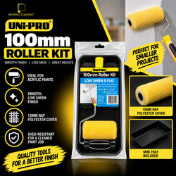 Compact 100mm acrylic painting set with a black roller tray, push-on roller frame, and 100mm fabric roller sleeve.