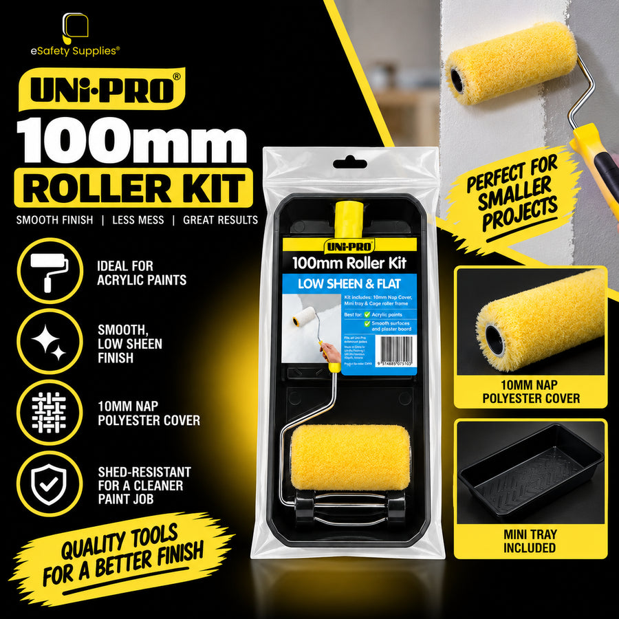 Compact 100mm acrylic painting set with a black roller tray, push-on roller frame, and 100mm fabric roller sleeve.
