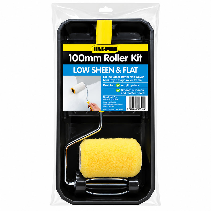UNi-PRO 100mm acrylic paint kit featuring a plastic paint tray, roller frame, and high-density woven fabric sleeve.