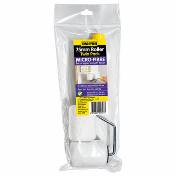 UNi-PRO twin pack containing two 75mm microfibre mini roller sleeves with a 10mm nap and a short roller frame.