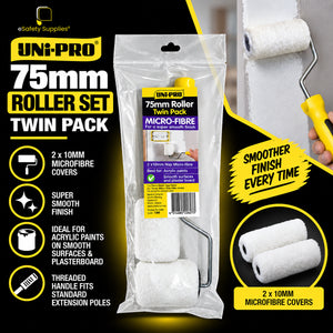75mm microfibre paint roller set featuring two 10mm nap sleeves with white and blue fabric for smooth paint coverage.