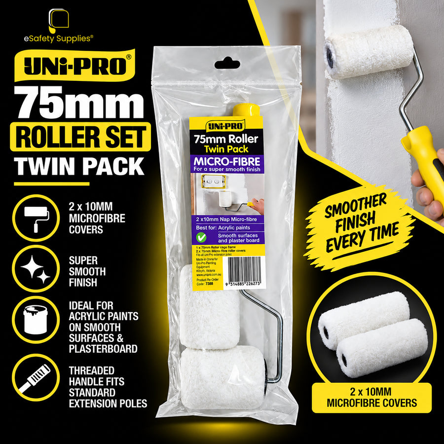 75mm microfibre paint roller set featuring two 10mm nap sleeves with white and blue fabric for smooth paint coverage.