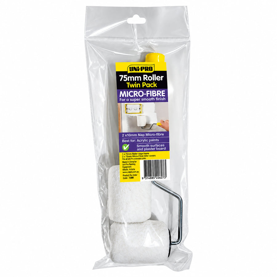 UNi-PRO twin pack containing two 75mm microfibre mini roller sleeves with a 10mm nap and a short roller frame.
