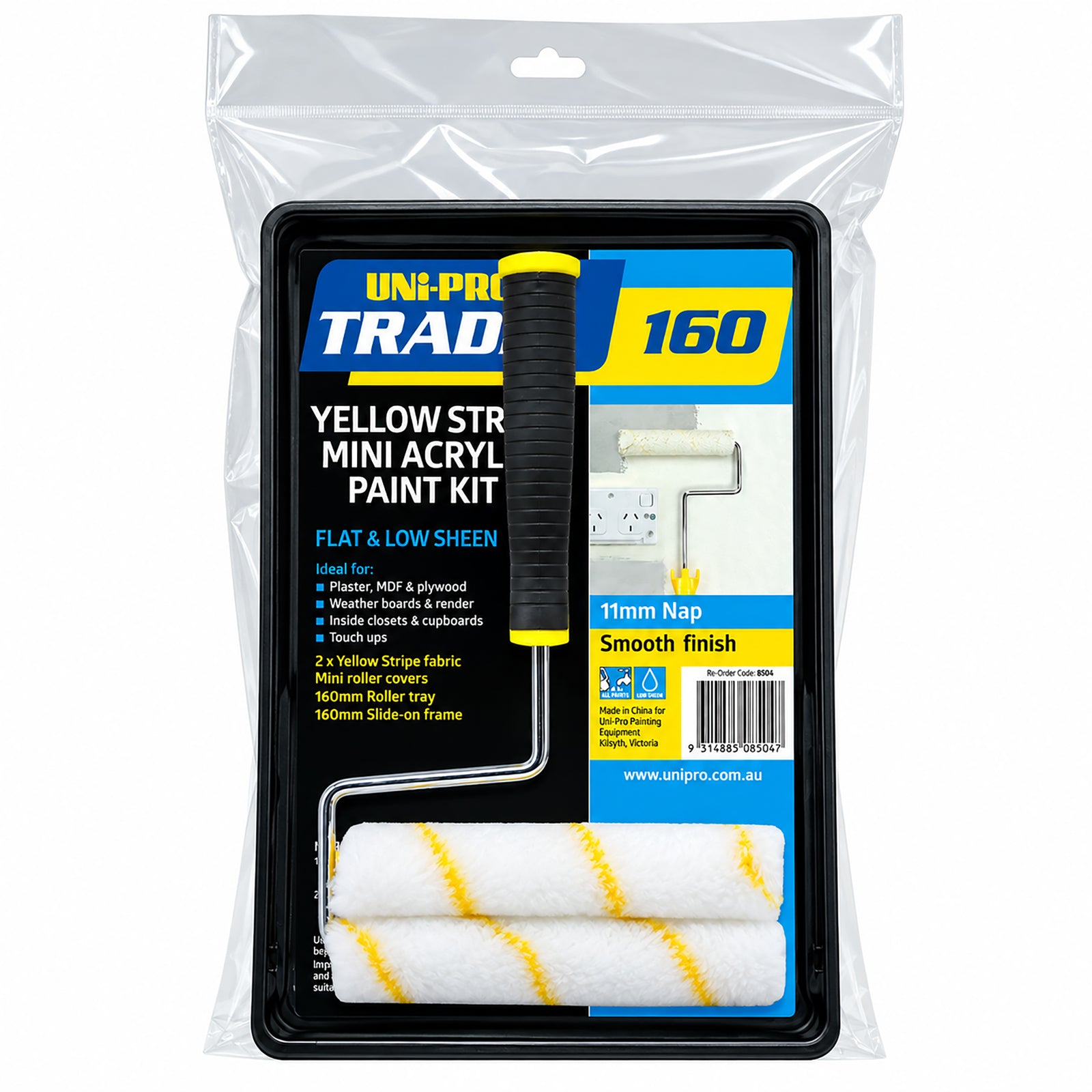 UNi-PRO Trade 160mm mini roller kit featuring a black plastic tray, roller frame, and 11mm nap yellow stripe sleeve.