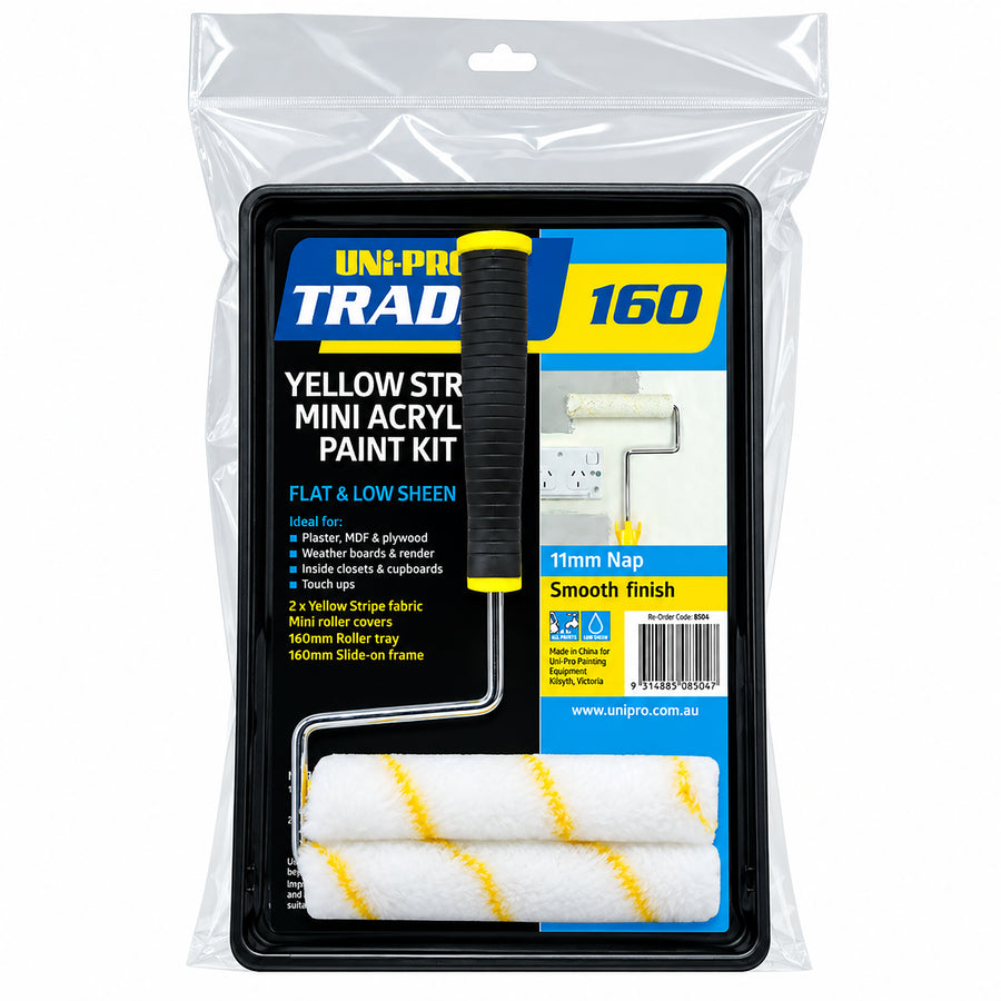 UNi-PRO Trade 160mm mini roller kit featuring a black plastic tray, roller frame, and 11mm nap yellow stripe sleeve.