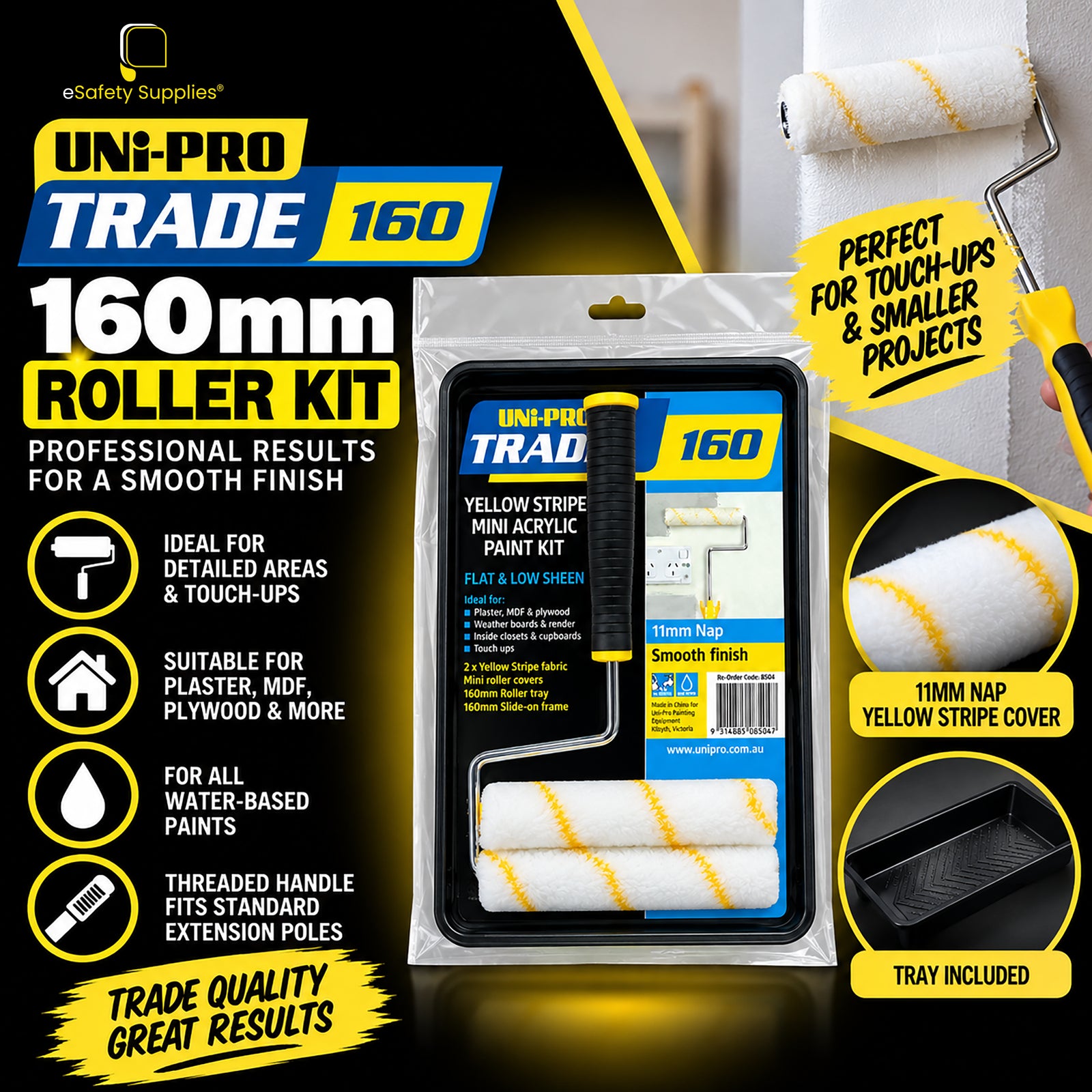 160mm acrylic mini paint roller set with an 11mm nap woven fabric cover designed for medium texture coverage.