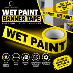 High-visibility yellow plastic barrier tape featuring repeating black "WET PAINT" message for site hazard control.