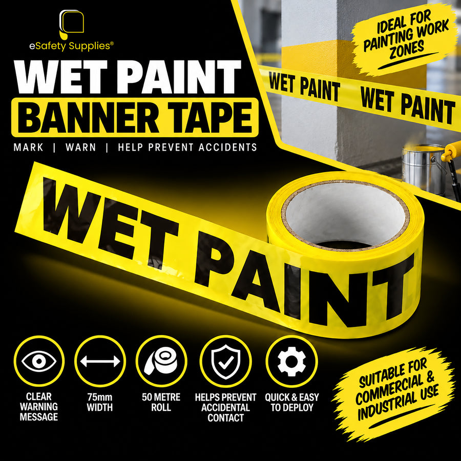 High-visibility yellow plastic barrier tape featuring repeating black "WET PAINT" message for site hazard control.